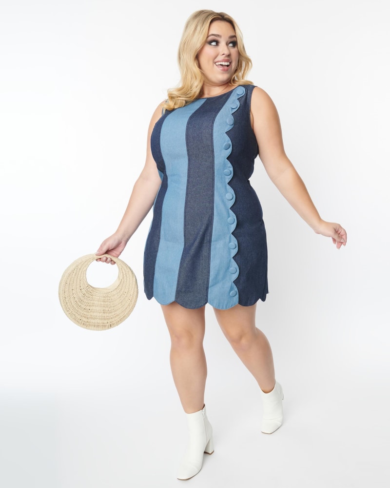 Front of a model wearing a size 3X Smak Parlour Contrast Denim Stripe Scallop Mini Dress in Blue, Striped by Smak Parlour. | dia_product_style_image_id:286935